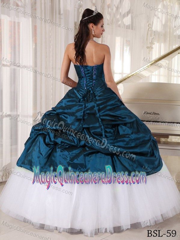 Teal and White Sweetheart Floor-length Quinceanera Dresses with Pick-ups