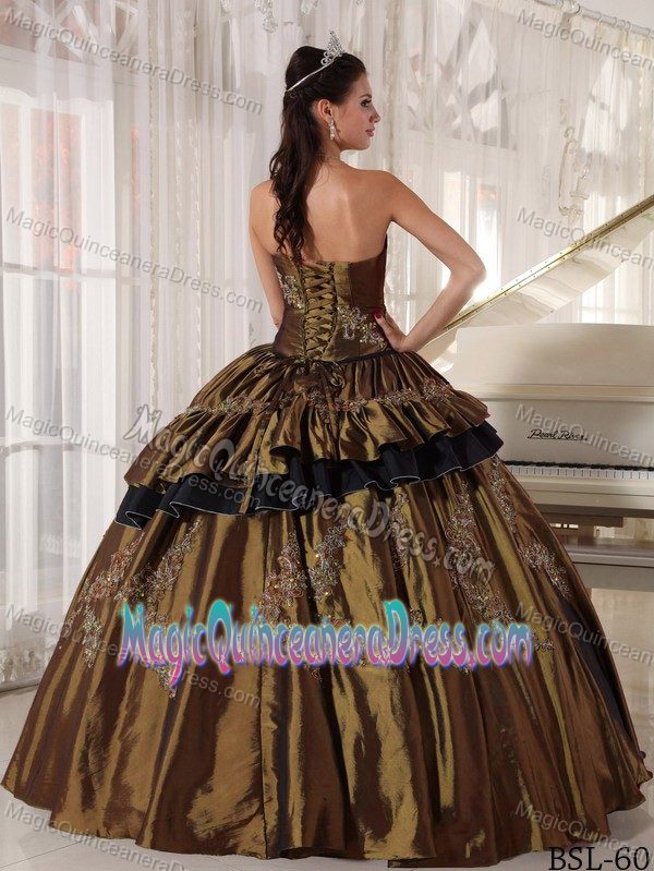 Brown Beaded Strapless Long Quinceanera Gown with Appliques in Helena