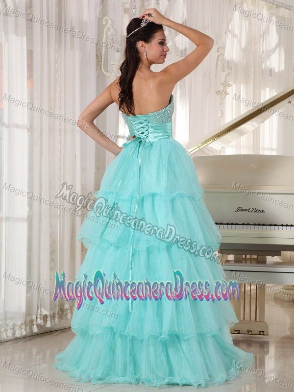 Apple Green Beaded Strapless Floor-length Quinceanera Gown with Flower
