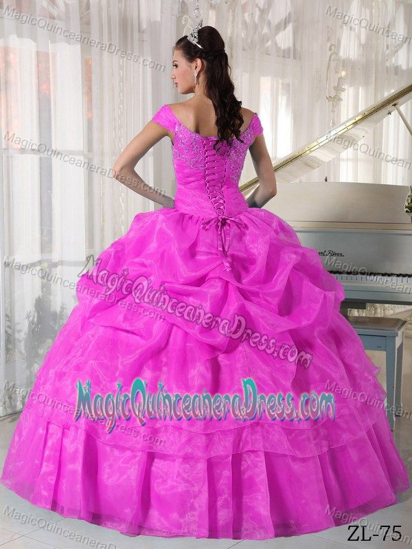 Fuchsia Off The Shoulder Full-length Quinceanera Gown Dress with Pick-ups