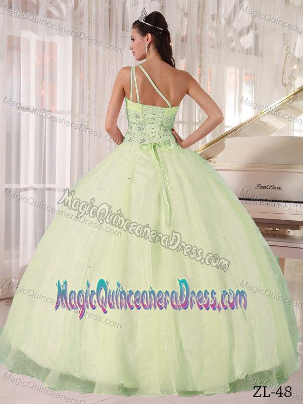 Lovely Yellow Green Ruched One Shoulder Long Quince Dress with Beading