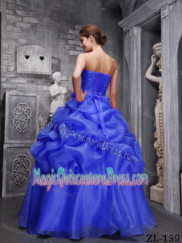 Cute Blue Sweetheart Long Quinceanera Gowns with Flowers and Pick-ups