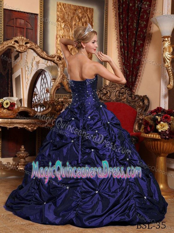 Navy Blue Beaded Strapless Floor-length Quinceanera Gown with Pick-ups
