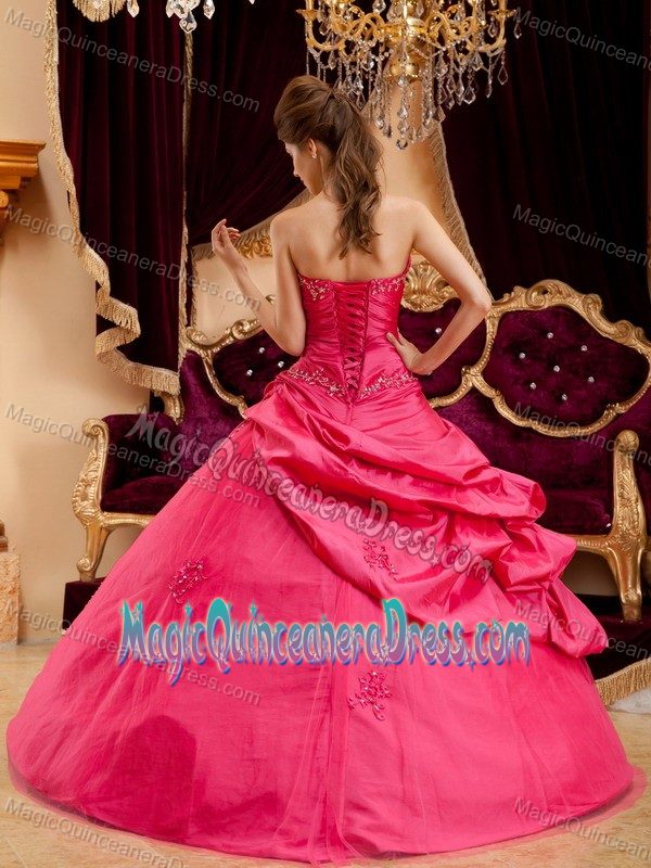 Coral Red Strapless Full-length Quince Dresses with Pick-ups and Appliques