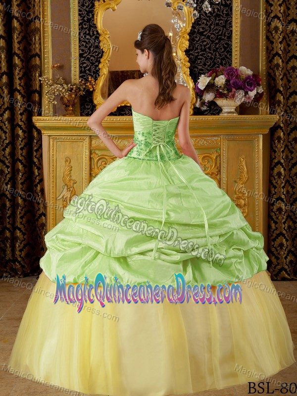 Strapless Green and Yellow Long Quince Dresses with Flower and Pick-ups