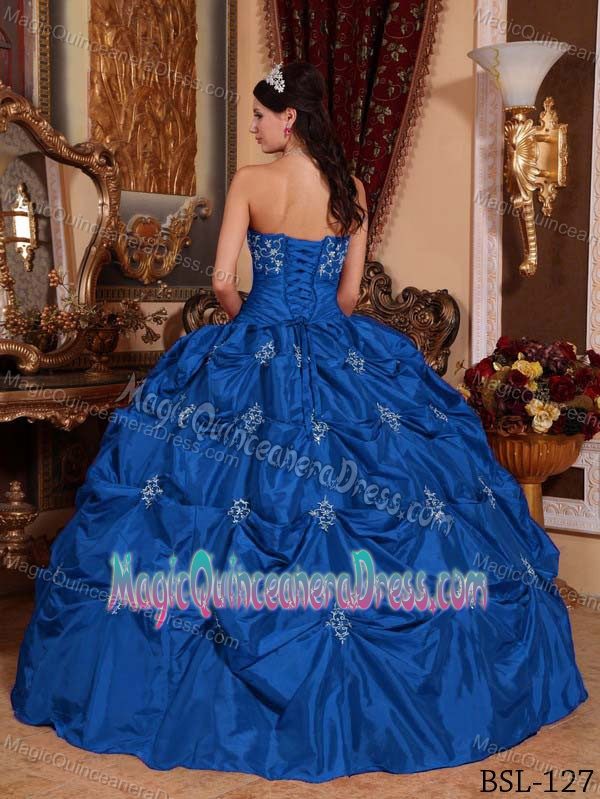 Strapless Blue Floor-length Quinceanera Gown with Appliques and Pick-ups