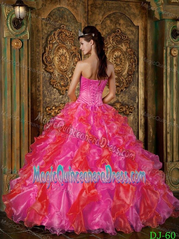 Hot Pink Beaded Strapless Floor-length Sweet Sixteen Dresses with Ruffles