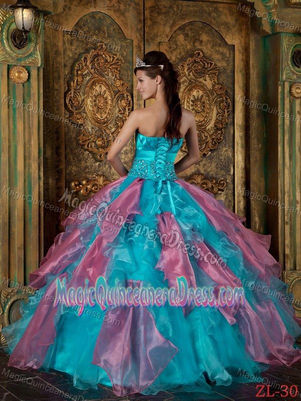 Pretty Teal Strapless Floor-length Quinceanera Dresses with Ruffles in Elgin