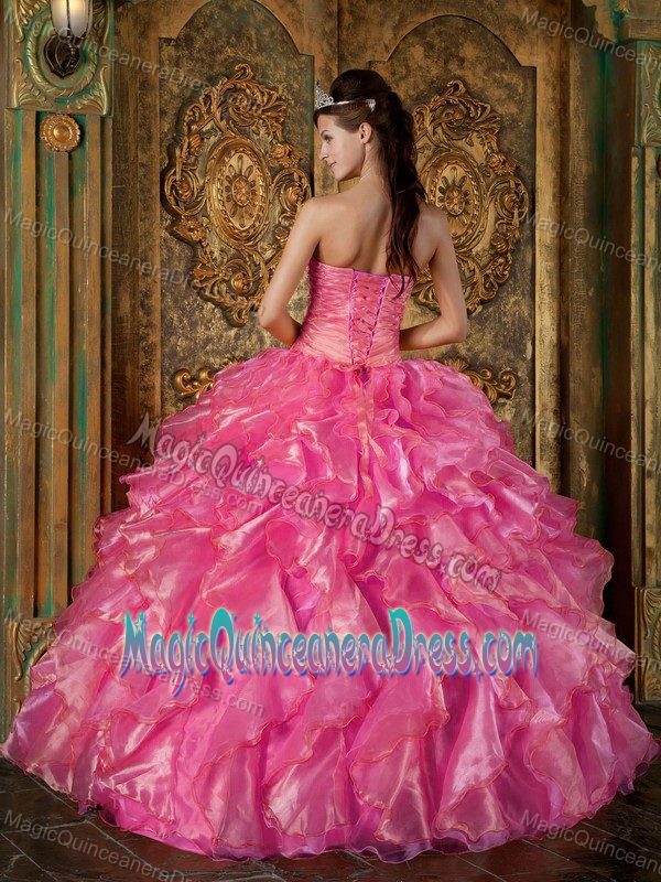 Perfect Hot Pink Sweetheart Long Sweet 16 Dresses with Ruffles in Aurora