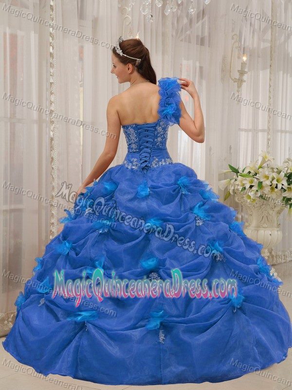 Blue Ruffled One Shoulder Quinceanera Gown with Pick-ups and Applique