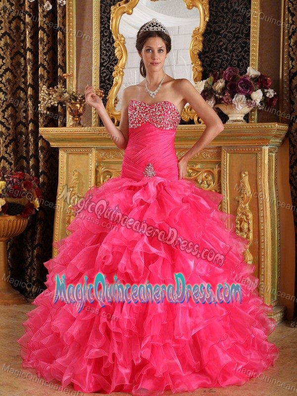 Hot Pink Beaded Sweetheart Long Quinceanera Gown with Ruffles in Elgin