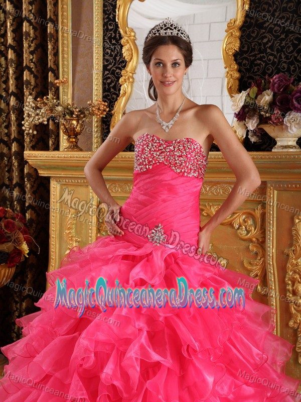 Hot Pink Beaded Sweetheart Long Quinceanera Gown with Ruffles in Elgin