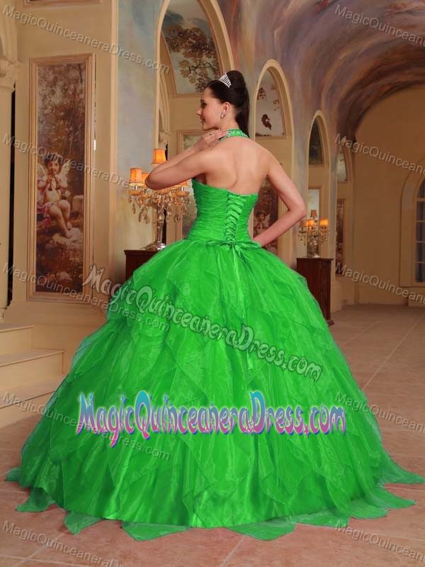 Beaded Halter Spring Green Embroidery Quinceanera Dress with Ruffles