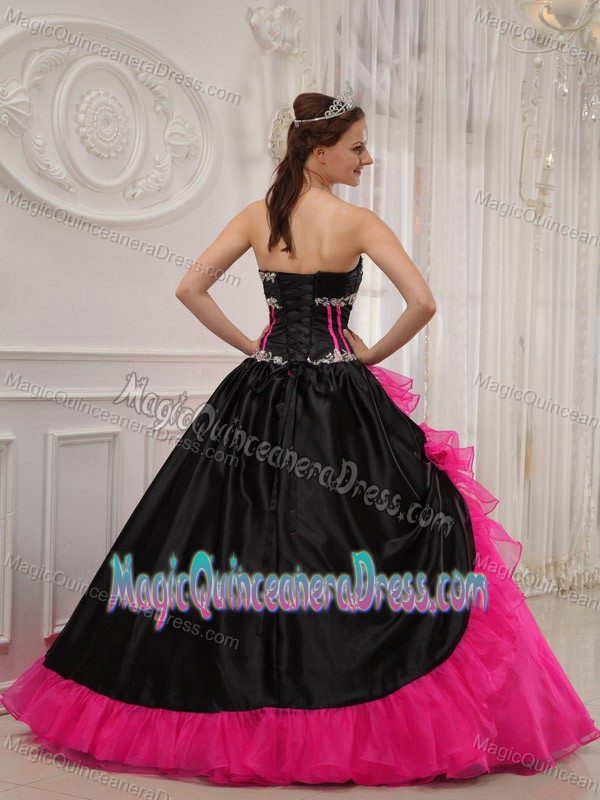 Hot Pink and Black Appliques Cheap Quinceanera Dress in Tinaquillo