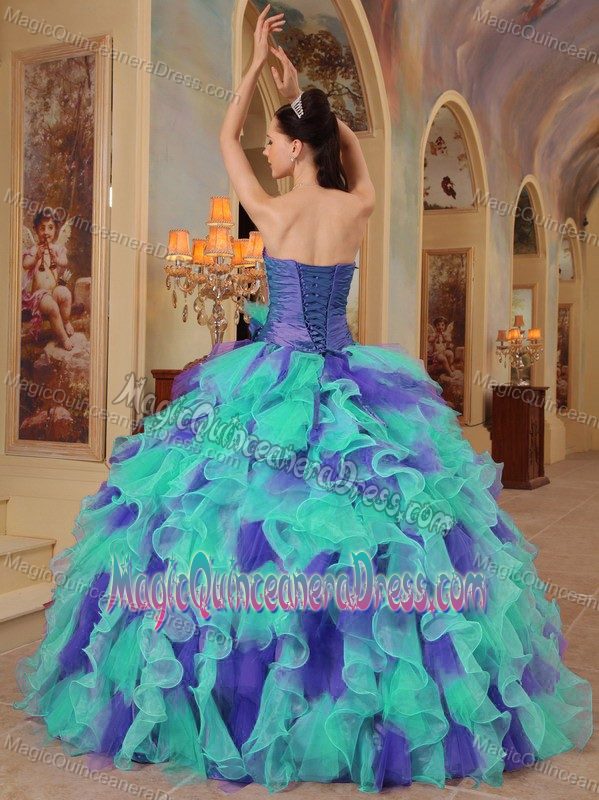 Purple and Apple Green Organza Flowers Quinceanera Dress with Ruffles