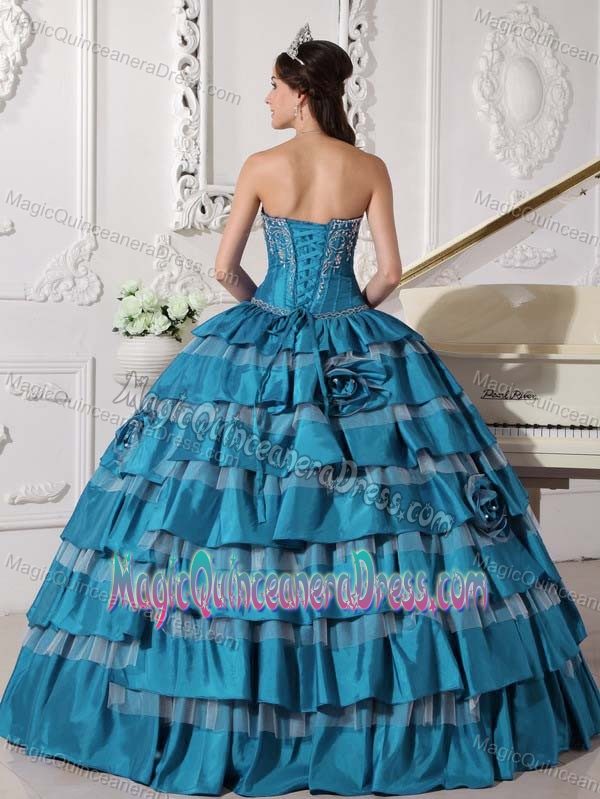 Layered Embroidery Taffeta Flowers Teal Vieques Quinceanera Dress