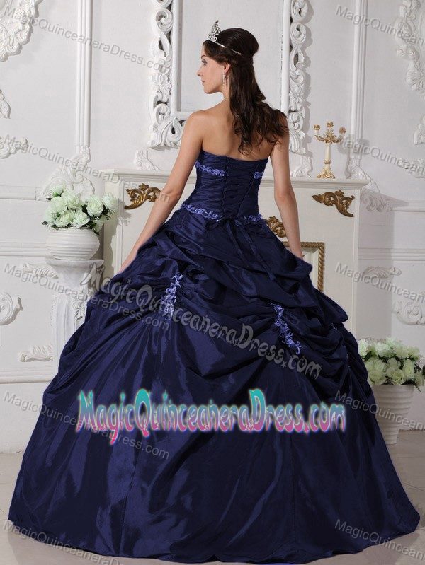 Pick-ups Taffeta Appliques Navy Blue Ponce Dress for Quinceanera