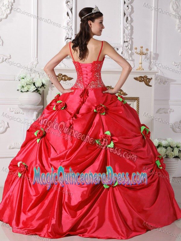 Spaghetti Straps Flowers Red Beaded Quinceanera Dresses in Guaynabo