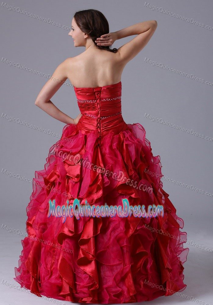 Ruched Red Beaded Ruffles Quinceanera Ball Gown in Florida Puerto Rico