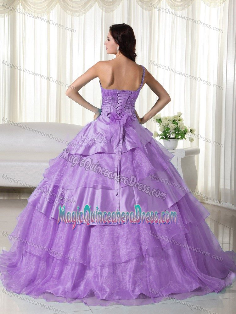 Tiered Beaded One Shoulder Organza Lavender Aibonito Quinceanera Dress