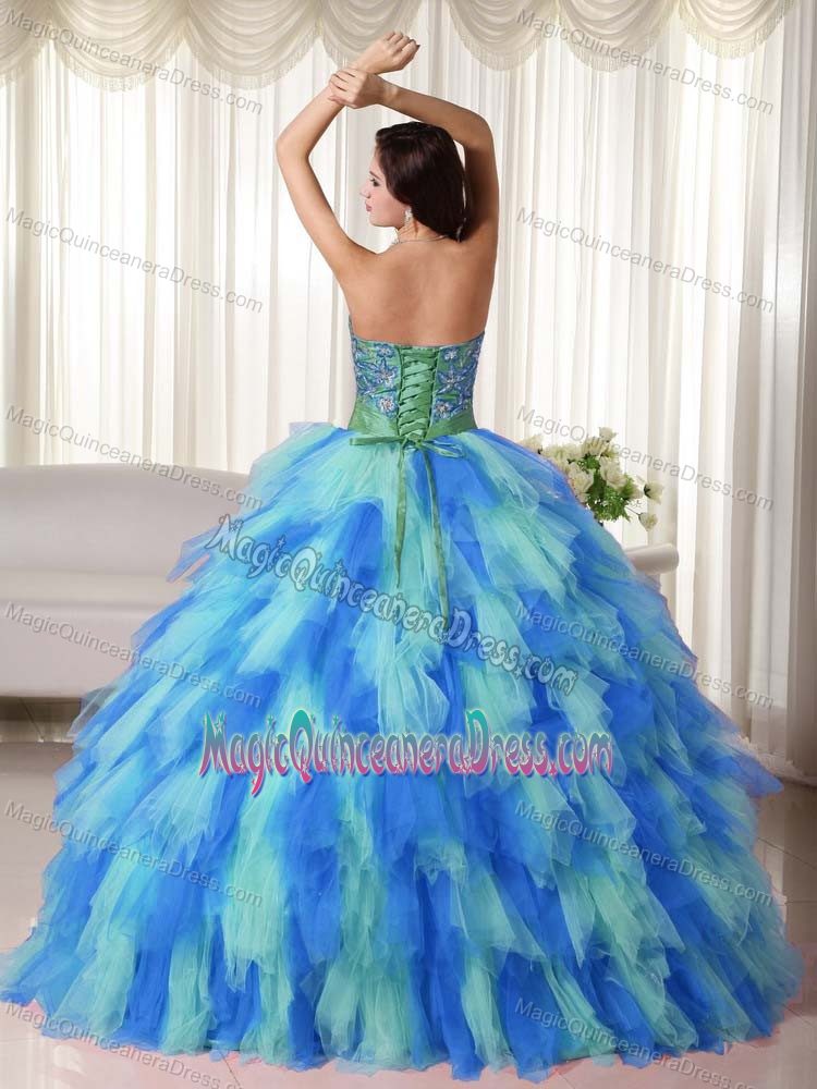 Colored Ruffled Tulle Appliques Ruched Guayanilla Quinceanera Dress