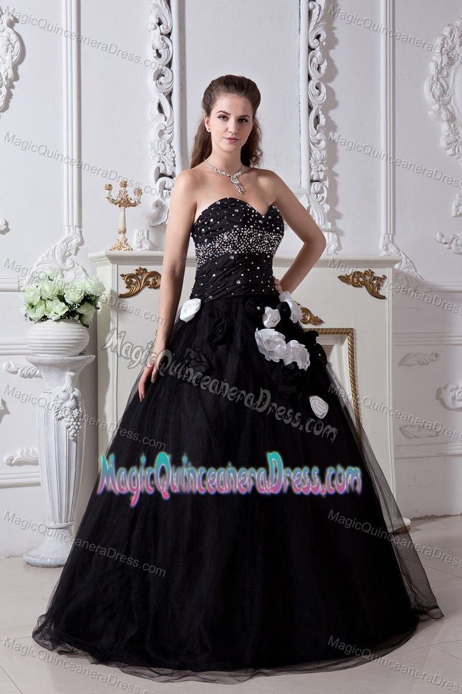 Organza Black Beading Quinceanera Gown Dresses with Hand Made Flowers