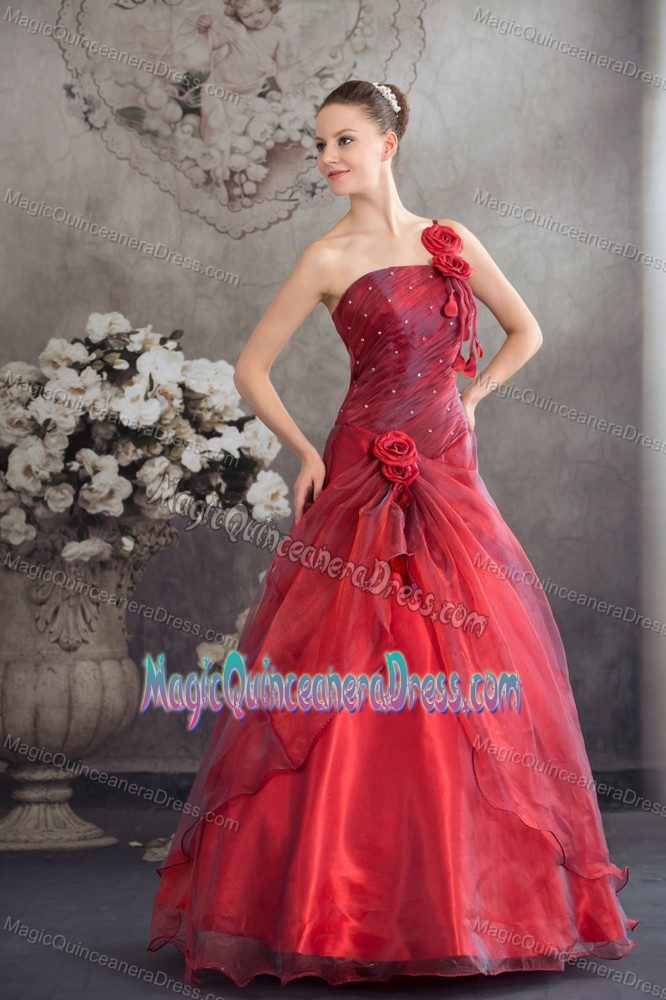 Red Hand Made Flowers One Shoulder Organza Barbacoas Quinceanera Dress