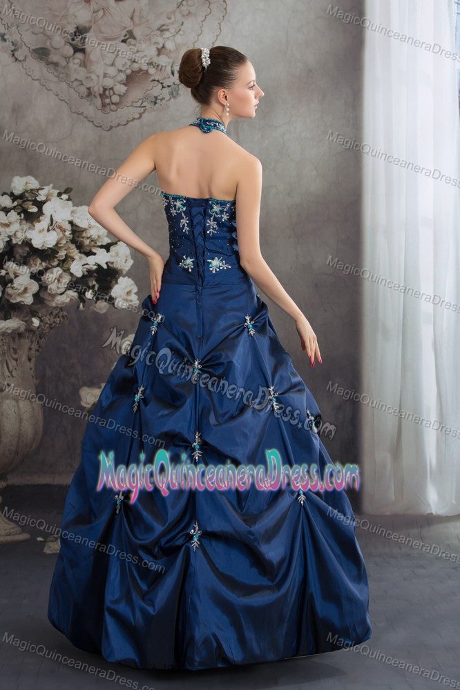 Navy Blue Halter Beading Appliques Pretty Quinceanera Dress in Mantecal