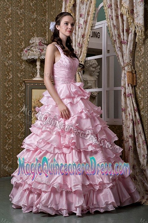 Ruffled Layers Baby Pink Beaded One Shoulder Elorza Quinceanera Dress