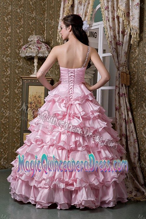 Ruffled Layers Baby Pink Beaded One Shoulder Elorza Quinceanera Dress