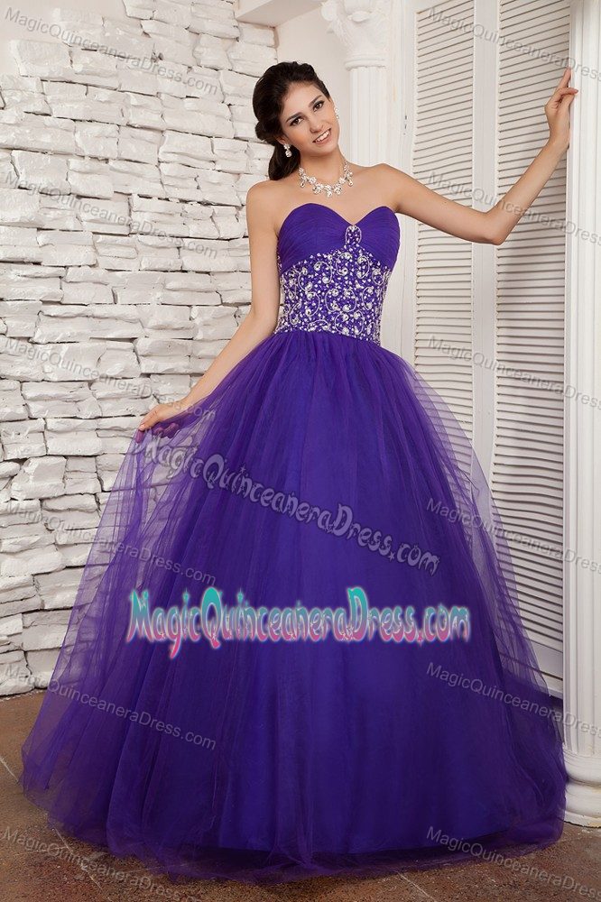 Beading Purple Ruched Sweetheart Tulle Quinceanera Dress in Achaguas