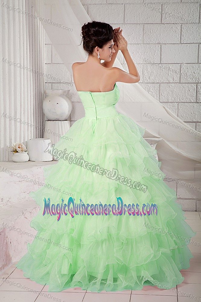 Ruffled Layers Apple Green Beaded Organza Humacao Quinceanera Dress