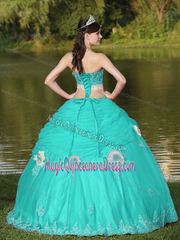 Green Blue Strapless Beaded Hand Flowery Tulle Sweet 16 Dresses in Campbell