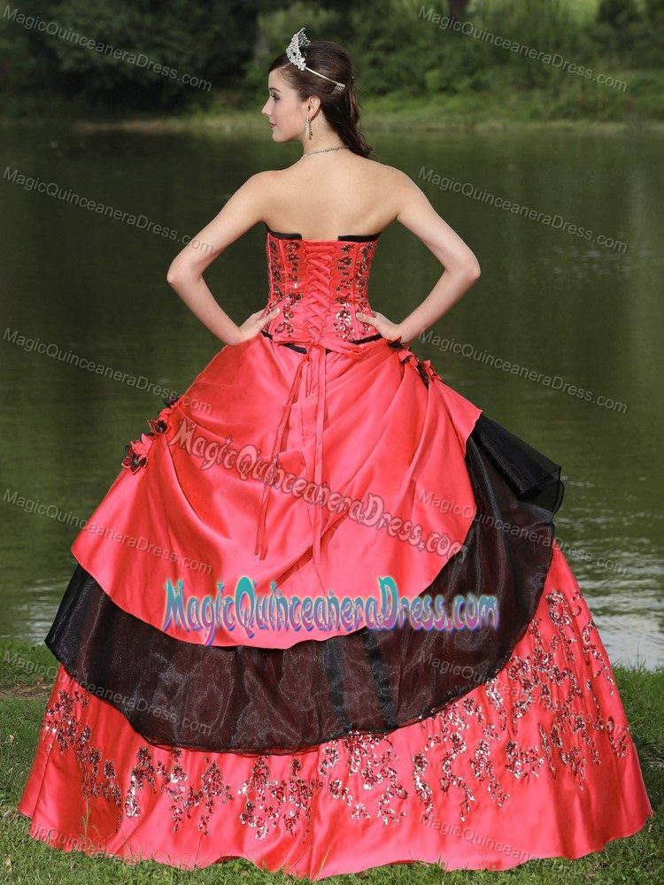 Hand Flowery Strapless Beaded Embroidered Quinceanera Gowns in Coral Red