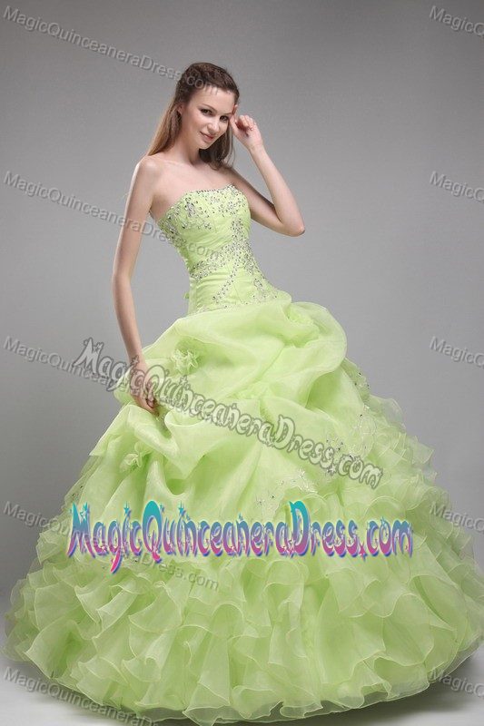 Spring Green Strapless Floor Length Beaded Elegant Quinceanera Gowns with Ruffles