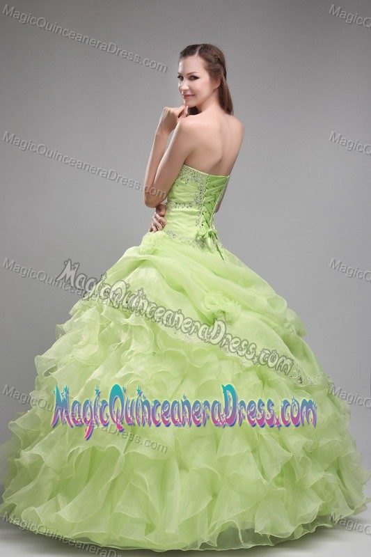 Spring Green Strapless Floor Length Beaded Elegant Quinceanera Gowns with Ruffles