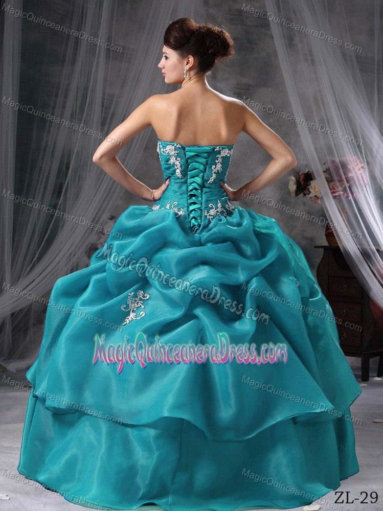 Ruched Appliques Blue Organza Mariano Roque Alonso Quinceanera Dress