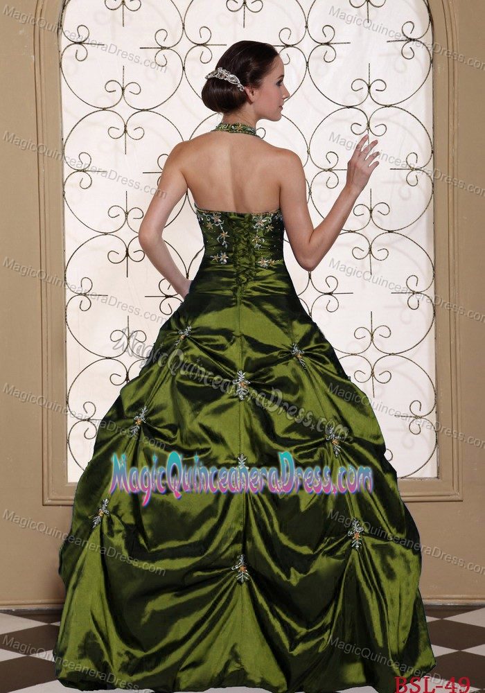 Halter Embroidery Beading Pick-ups Olive Green Quinceanera Dresses