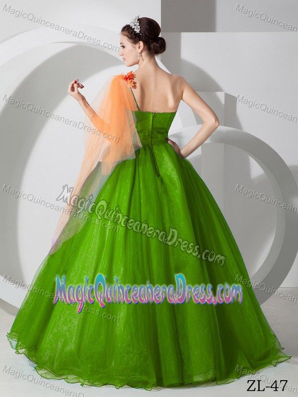 One Shoulder Organza Hand Made Flowers Green Limpio Dress for Quince