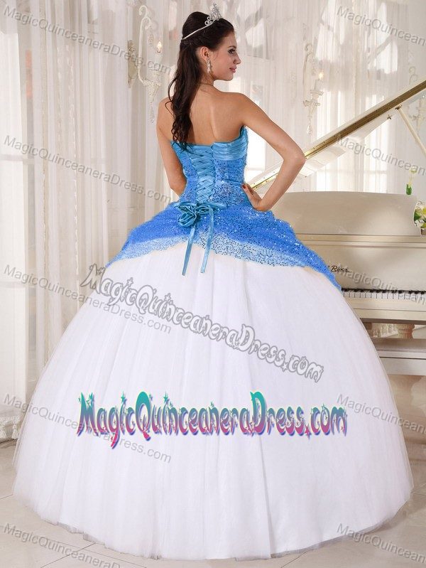 Sequin Halter Blue and White Tulle Appliques Pisco Quinceanera Dress