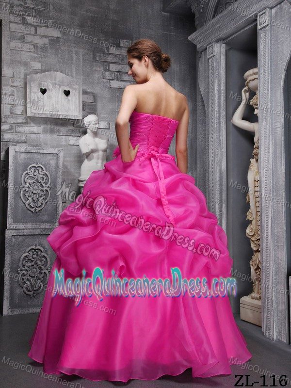 Ruched Flowers Hot Pink Organza Beaded Edelira Quinceanera Dresses