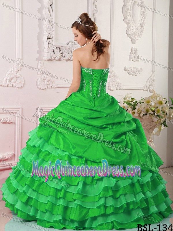 Layered Green Ruching Taffeta Beaded Quinceanera Dress in Palmas Bellas