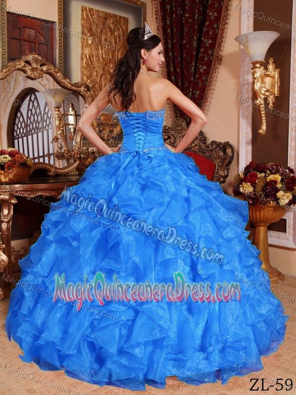 Sweetheart Blue Ruffles Organza Beaded Quinceanera Dress in Cambyreta