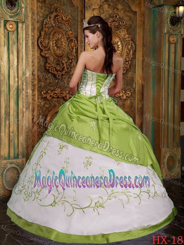 Embroidery Satin Yellow Green and White Quinceanera Dress in Vacamonte