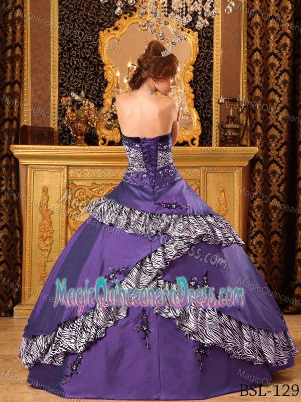 Zebra Purple Embroidery Taffeta Calzada Larga Quinceanera Dress Gown
