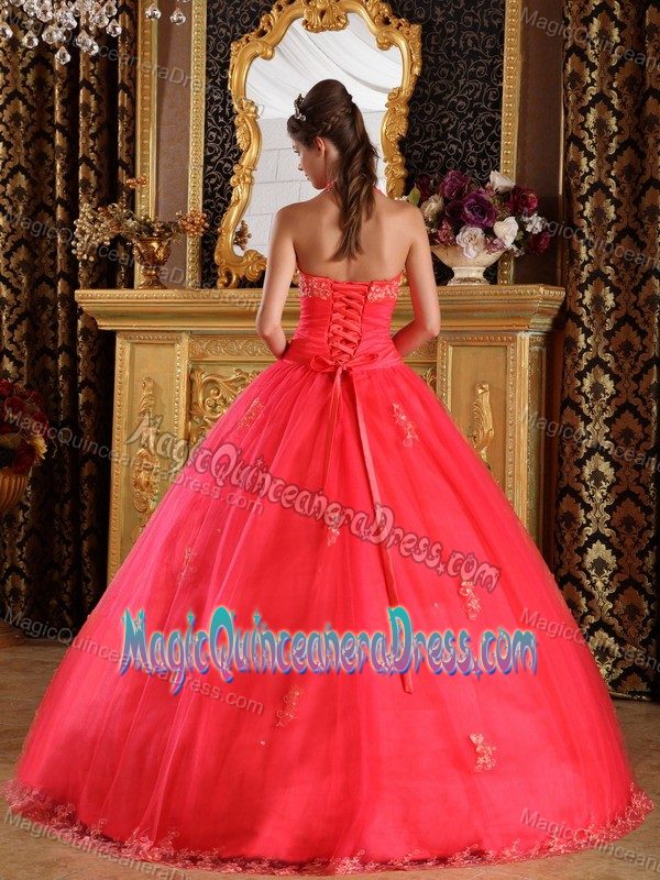 Halter Coral Red Appliques Ruched Tulle Tlaquepaque Quinceanera Dress