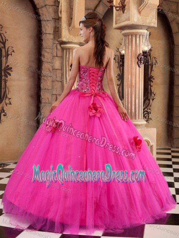 Hot Pink Beaded Flowers Appliques Quinceanera Dresses in Mexico City