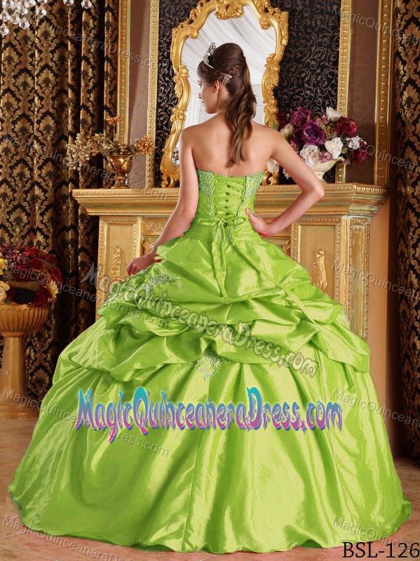 Appliques and Pick-ups Yellow Green Strapless Quince Dresses