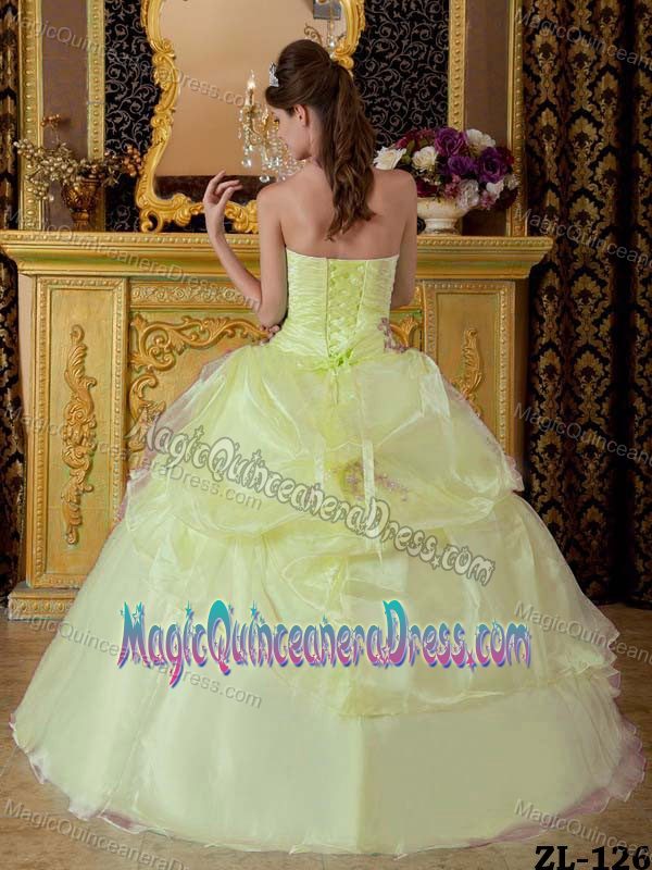 Light Yellow Strapless Floor-length Appliques Quinceanera Dress