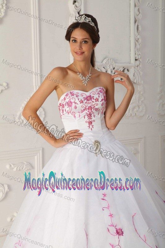 White Ball Gown Strapless Embroidery Sweet Sixteen Dresses